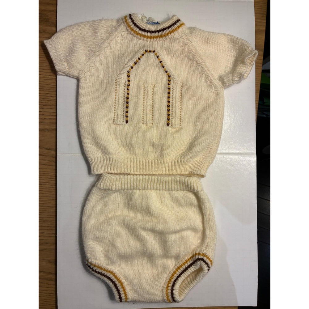 Vintage Friemanit Baby Knit Set Cream Brown Gold Striped Sweater Bloomers 12-18M